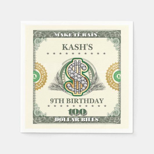 100ドル札の誕生日ドル スタンダードカクテルナプキン (正面)
