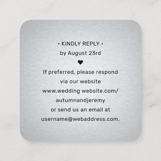 100パックQRコードRSVP銀フェイク箔エンクロージャ スクエア名刺 (裏面)