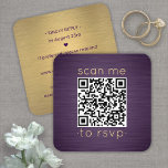 100パックQR RSVP紫と金ゴールドのエンクロー結婚ジャ スクエア名刺<br><div class="desc">RSVP応答をシンプル化し、シックなQRコード正方形エンクロージャカードを使用してモダン重要な詳細を提供する。すべてのシンプル文字はカスタマイズに対して、「RSVPに私をスキャンする」という文言を含む。ジェネレータを使用して独自のQRコードを作成するには、単にウェブサイトのURLをテンプレートに入力する。カードを携帯電話でスキャンすることにより、ゲストは招待に応結婚答するためにウェブサイトに直接送信される。オンラインのrsvpプロセス減らは、カードがメールに失った入る可能性がある。また、食事の選択、食物アレルギー、曲の要求など頼の詳細な情報を得ることができるように、より汎用性が高い。すべての応答情報を削除パーソナライズされたまたは削除できる。紫と金ゴールドのデザインはブラシ付きフェイクメタリックな背景とエレガントタイポグラフィを備えモダンている。金ゴールドは金属箔ではなく印刷色であることに注意して下さい。このカードはスタイリッシュお客頼様の結婚お祝いに親切に返信する方法である。</div>