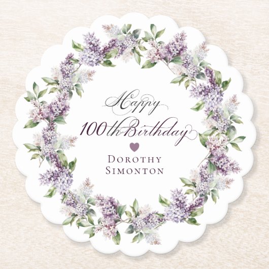 100パーソナライズされた誕生日紫薄紫花 ペーパーコースター (正面)