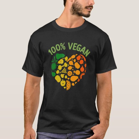 100ヴィーガンカラフルハートクールヴィーガンフルーツ野菜 Tシャツ (正面)