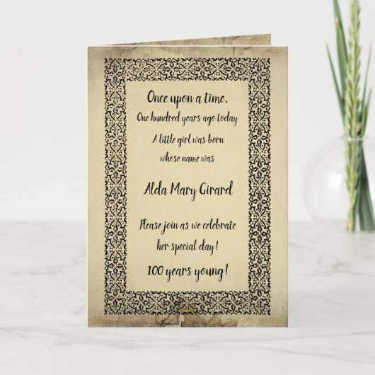 100代のアンティークストーリーブックページ100誕生日 招待状 (正面)