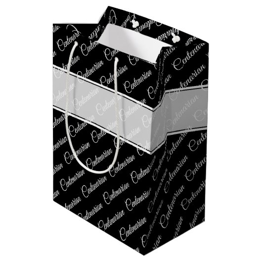 100代のタイポグラフィパターン黒/白名 ミディアムペーパーバッグ (裏面アングル)