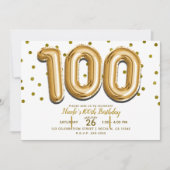 100個の金の風船と紙吹雪 100歳の誕生日パーティー 招待状 (正面)