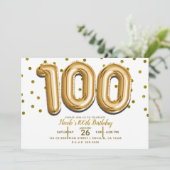 100個の金の風船と紙吹雪 100歳の誕生日パーティー 招待状 (スタンド正面)