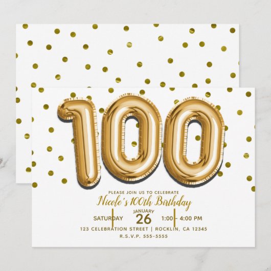100個の金の風船と紙吹雪 100歳の誕生日パーティー 招待状 (正面/裏面)