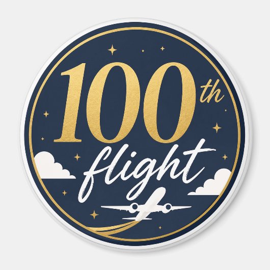 100回目のフライト ゴールド飛行機 旅行のお土産 マグネット (正面)