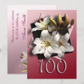 100回目の誕生日パーティーの招待 – 白いユリ 招待状 (正面/裏面)