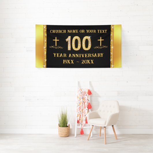 100年教会の記念日テーマ、ブラックと金ゴールド 横断幕 (インサイチュ)