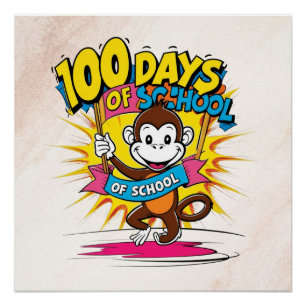 100日の学校おもしろい漫画モンキーデザイン ポスター