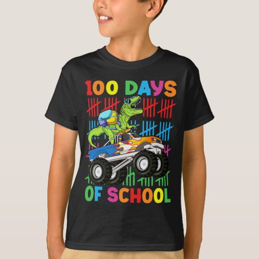 100日の学校の恐竜のモンスタートラックの子供 Tシャツ (正面)