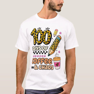 100日の学校コーヒー愛好家100th Day Leopard Tシャツ