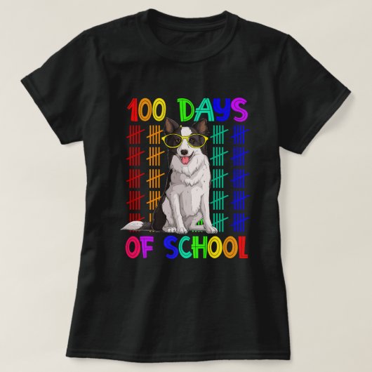 100日の学校縁どのコリー犬ガラスを着て Tシャツ (デザイン正面)