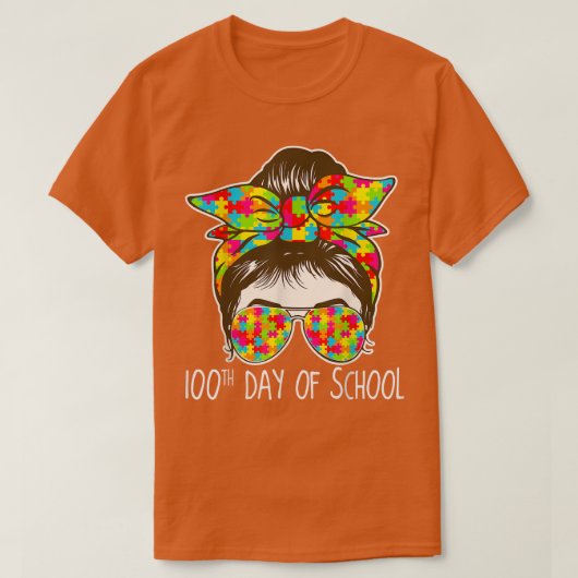 100日のMessy Bun Sunglasses自閉症あわ Tシャツ (デザイン正面)