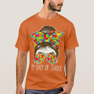 100日のMessy Bun Sunglasses自閉症あわ Tシャツ