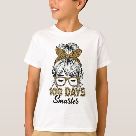 100日も賢くなった先生 ヒョウ柄リボン スクール Tシャツ (正面)
