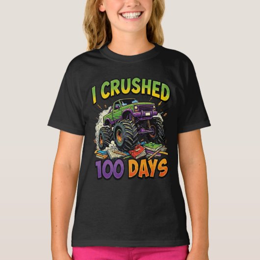 100日を乗り越えたモンスタートラックの少年 小学1年生 Tシャツ (正面)