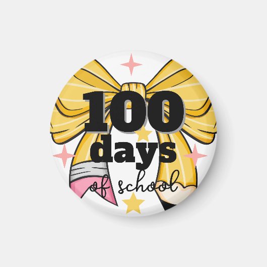 100日を祝う黄色い鉛筆のリボンマグネット マグネット (正面)