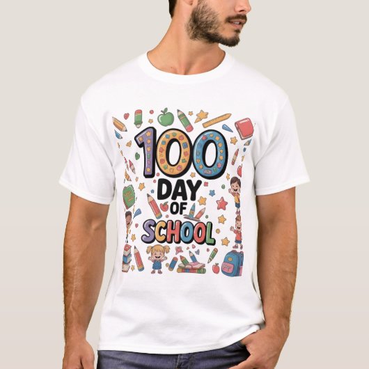 100日目の学校が楽しいTシャツ | カラフルな子供たちと Tシャツ (正面)