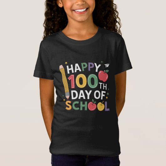 100日目の学校の先生 ハッピー100日おめでとう Tシャツ (正面)