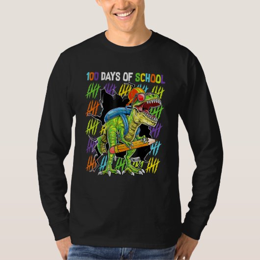 100日目の学校恐竜 ティラノサウルス 少年 キッズ Tシャツ (正面)