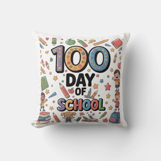 100日目の学校楽しいTシャツ | カラフルな子供たちと クッション (正面)