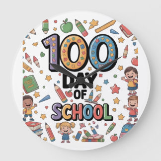 100日目の学校楽しいTシャツ | カラフルな子供たちと ラージ壁時計