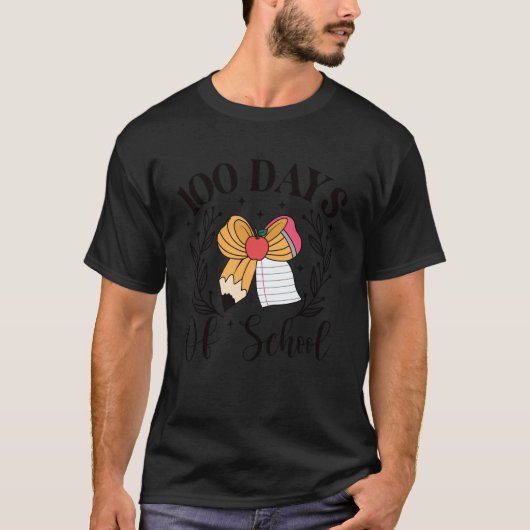 100日目の学校 かわいい 鉛筆 リボン アップル 先生 C Tシャツ (正面)