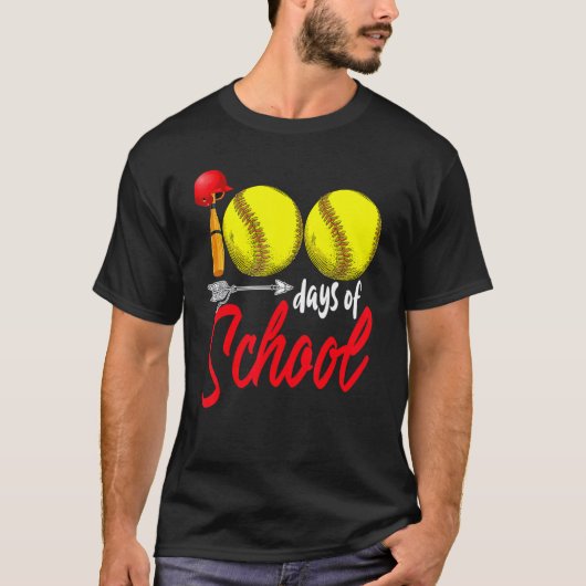 100日目の学校 ソフトボール 先生 キッズ 100日目 Tシャツ (正面)