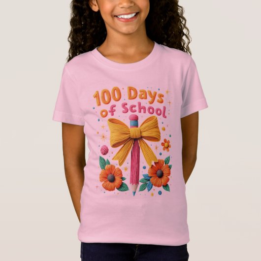 100日目の学校 - 花柄の鉛筆デザイン Tシャツ (正面)