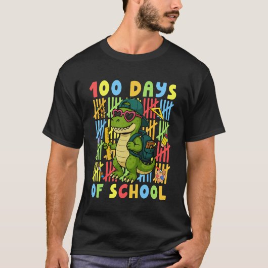 100日目の学校 面白い恐竜 ティラノサウルス 男の子 女の子 T Tシャツ (正面)