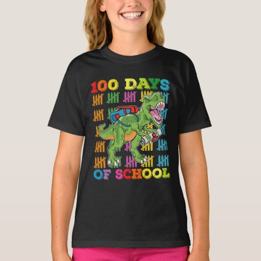 100日間の学校 ティラノサウルス 先生 生徒 Tシャツ (正面)