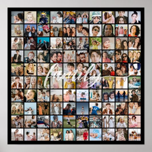 100枚の写真のコラージュ 正方形グリッド ポスター (正面)