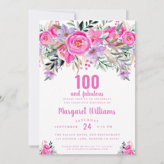 100歳と素晴らしい紫のピンク100歳の誕生日 招待状 (正面)