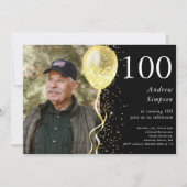 100歳のお誕生日 | ブラック＆ゴールドグリッター フォト バースデー 招待状 (正面)
