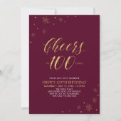 100歳のゴールド＆バーガンディ誕生日パーティーおめでとう 招待状 (正面)