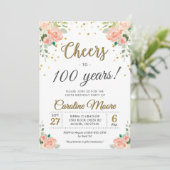 100歳の女性の誕生日パーティー 百寿者 フラワー ゴールド 招待状 (スタンド正面)