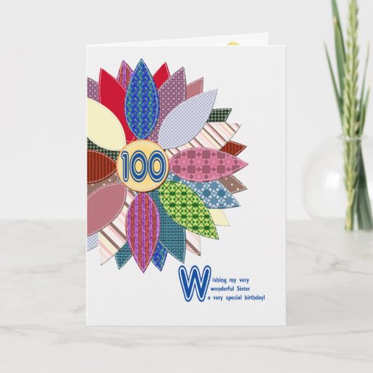 100歳の姉の誕生日、ステッチされた花 カード (正面)
