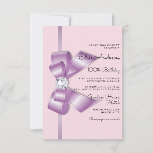 100歳の宝石のようなおめでたいリボンとボウの誕生日 招待状 (正面)