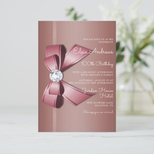 100歳の宝石のようなおめでたい弓とリボンの誕生日 招待状 (スタンド正面)