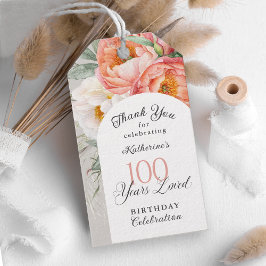 100歳の愛を込めたフェミナインフラワーテーマの100歳誕生日 ギフトタグ