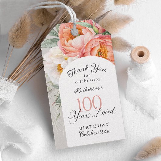 100歳の愛を込めたフェミナインフラワーテーマの100歳誕生日 ギフトタグ