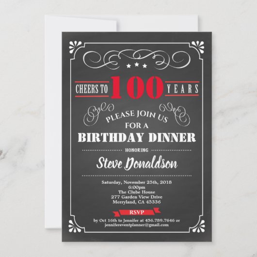 100歳の誕生パーティー用の黒板レトロな赤 招待状 (正面)