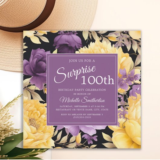 100歳の誕生日おめでとう パープル&イエローの花 招待状