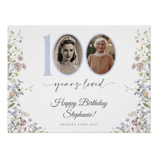 100歳の誕生日お祝いサイン 野花の写真入り ポスター (正面)