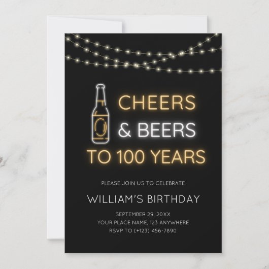 100歳の誕生日お祝いネオンサインCheers & Beers 招待状 (正面)