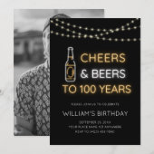 100歳の誕生日お祝いネオンサインCheers & Beers 招待状 (正面/裏面)