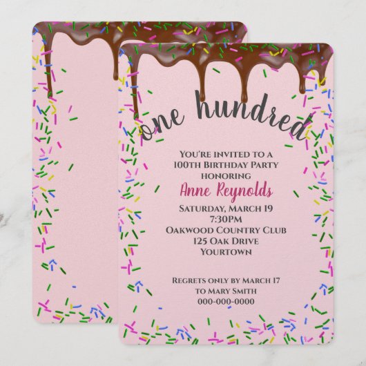 100歳の誕生日にチョコレートのアイシングとスプリンクラー 招待状 (正面/裏面)