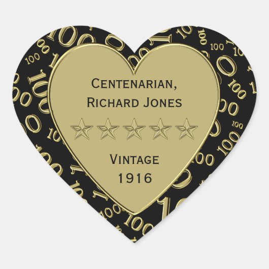 100歳の誕生日のブラック&ゴールドのテーマ ハートシール (正面)