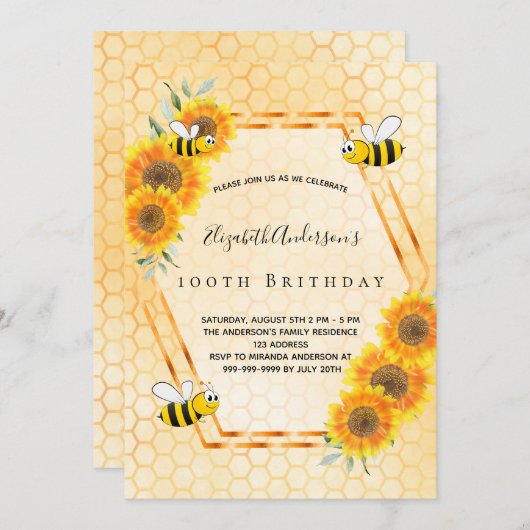 100歳の誕生日の夏の黄色い素朴なヒマワリ 招待状 (正面/裏面)